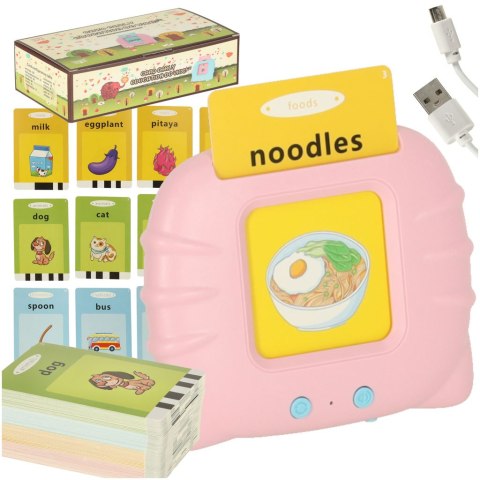 Zabawka edukacyjna czytnik do fiszek kart edukacyjnych do nauki słówek z języka angielskiego 112 kart różowy
